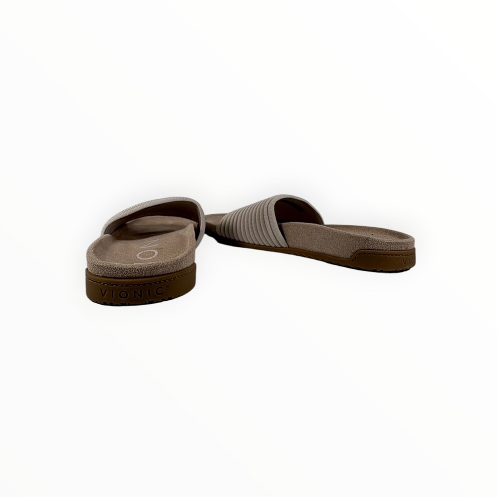 Vionic Slide Sandals Womens 8 Taupe Excellent Ribbed Knit Orthotic Comfort Flat - Picture 3 of 10